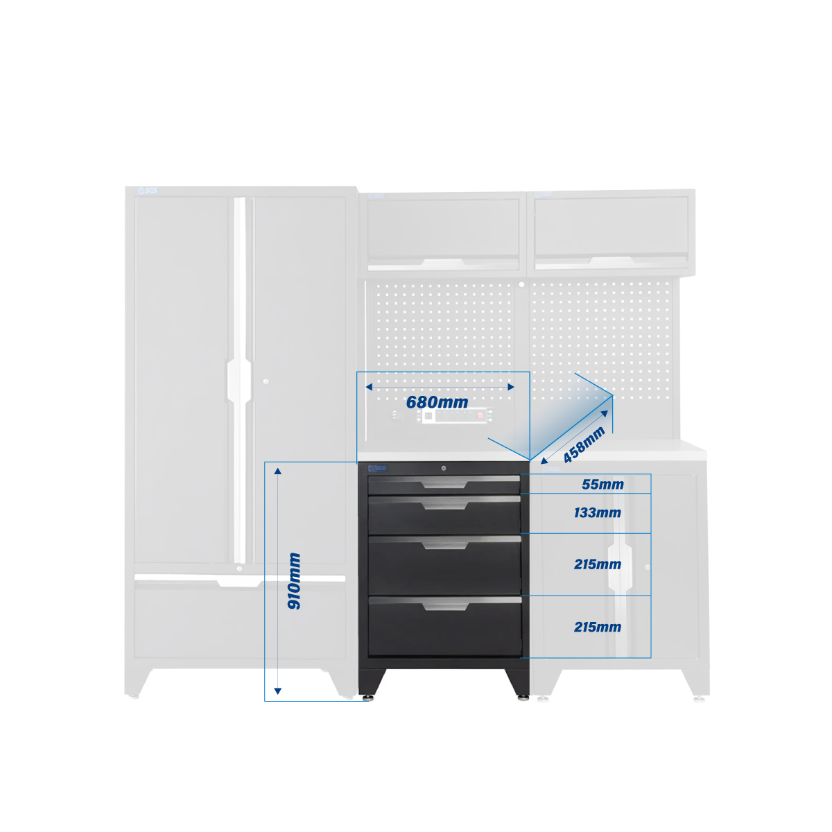 SGS 7pc Modular Garage Storage | 4 Drawers | Stainless Steel Worktop | Floor Cabinet | 2x Upper Cabinets | Tall Double Cabinet with Drawer | Pegboard with Power Strip